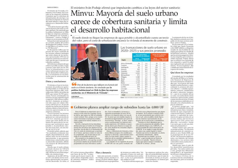 Minvu: Mayoría del suelo urbano carece de cobertura sanitaria y limita el desarrollo habitacional